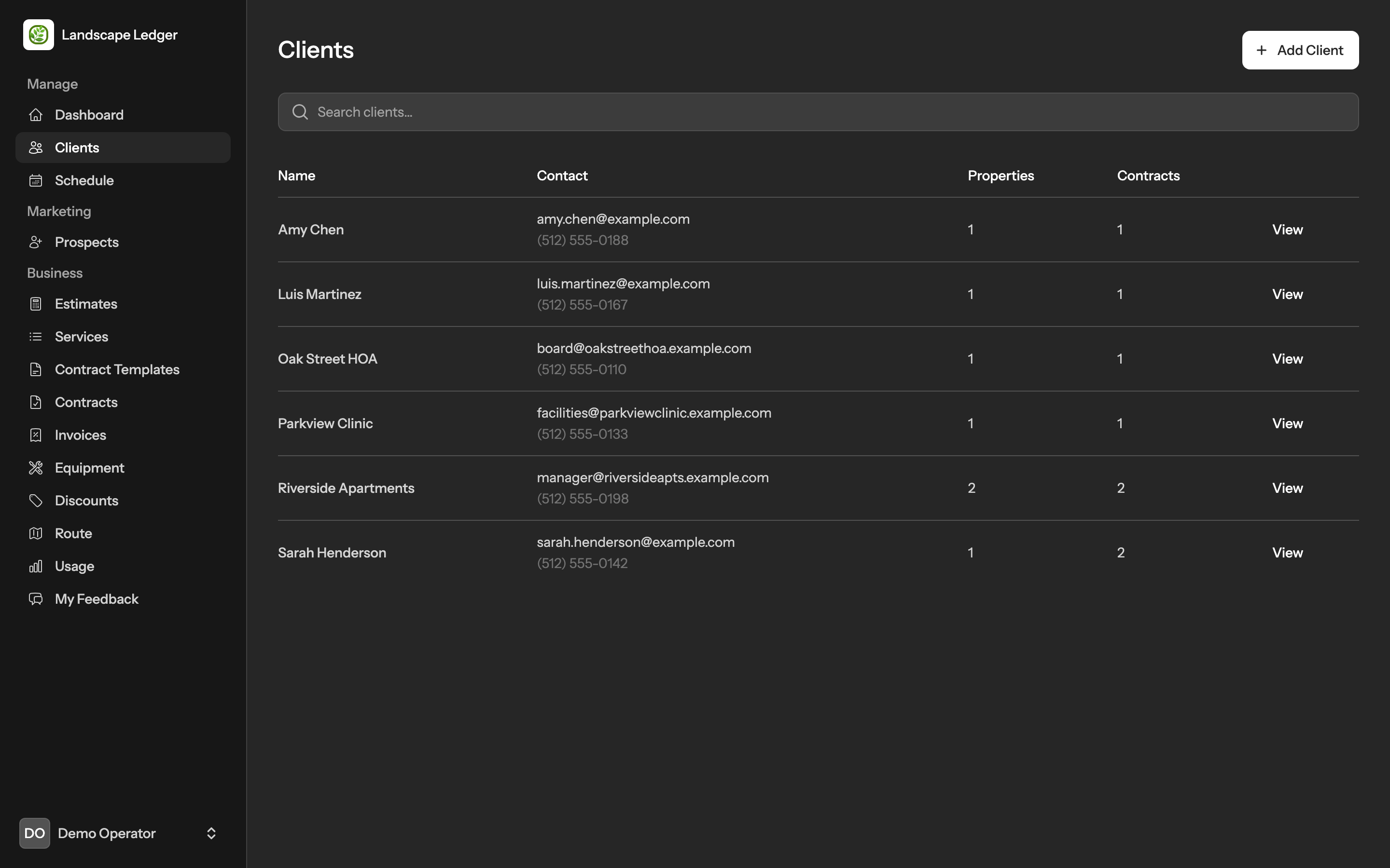 Clients list with properties